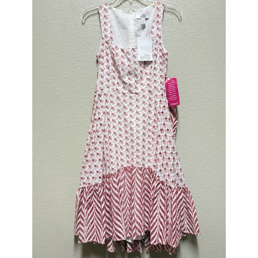 Belle Badgley Mischka Red/White Sundress Geometric Square Neck Zip Lined 0 NWT